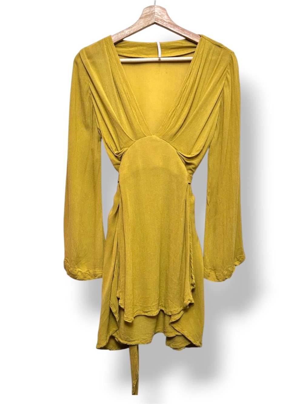 Free People Yellow Long Sleeve Plunging V Tie Waist Tunic Size XS